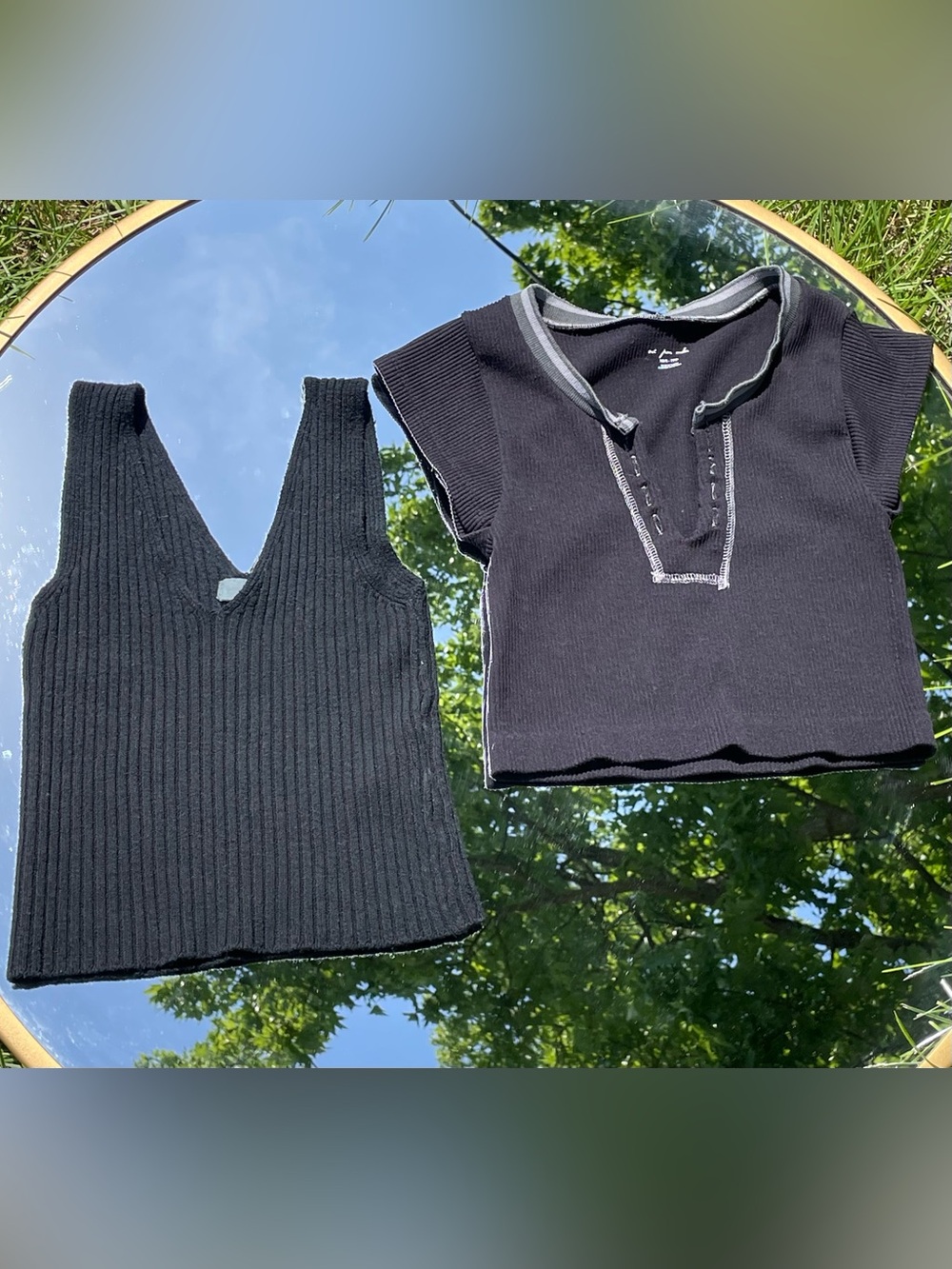 Urban Outfitters Black Ribbed V-Neck Tank & Black Trim Henley Top